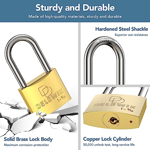 DELSWIN Weatherproof Padlock with Key (Keyed Alike) - Heavy Duty Solid Brass Locker Lock with 1-9/16" Long Shackle, Marine Grade Pad Lock for Outdoor Gate, Fence, Shed (2 Pack) - Image 2