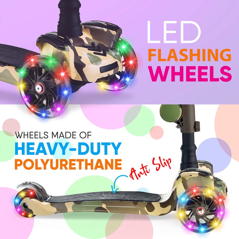 Hurtle Kids Scooter - Child Toddler Kick Scooter Toy with Foldable Seat - 3 Wheel Scooter with Adjustable Height, Anti-Slip Deck, Flashing Wheel Lights, for Boys/Girls 1-12 Year Old, Camouflage - Image 4