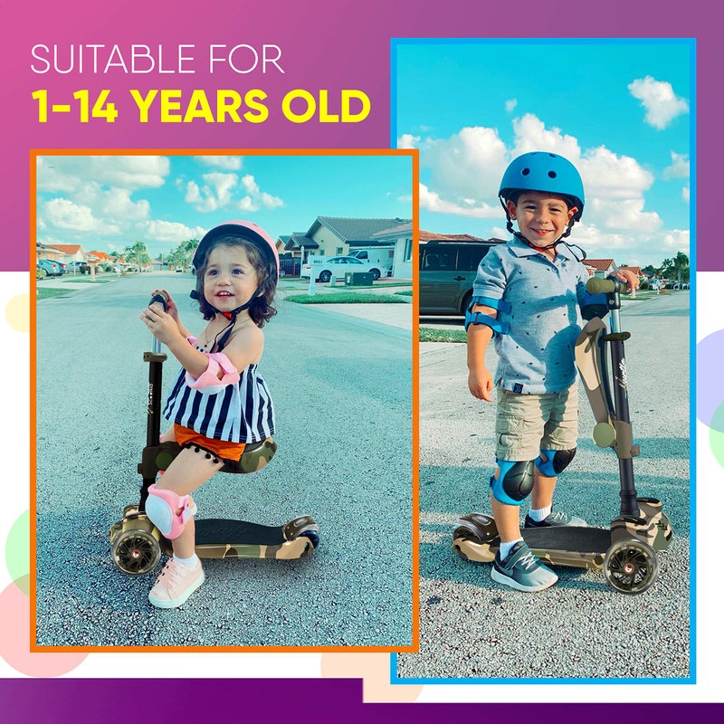 Hurtle Kids Scooter - Child Toddler Kick Scooter Toy with Foldable Seat - 3 Wheel Scooter with Adjustable Height, Anti-Slip Deck, Flashing Wheel Lights, for Boys/Girls 1-12 Year Old, Camouflage - Image 3