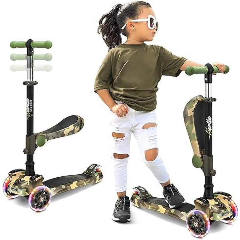 Hurtle Kids Scooter - Child Toddler Kick Scooter Toy with Foldable Seat - 3 Wheel Scooter with Adjustable Height, Anti-Slip Deck, Flashing Wheel Lights, for Boys/Girls 1-12 Year Old, Camouflage - Image 1