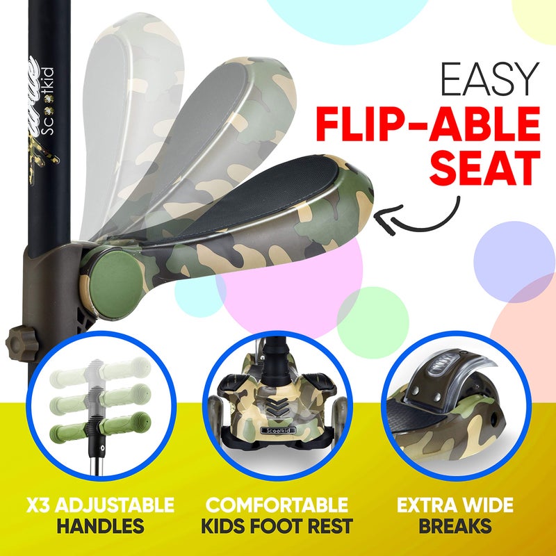 Hurtle Kids Scooter - Child Toddler Kick Scooter Toy with Foldable Seat - 3 Wheel Scooter with Adjustable Height, Anti-Slip Deck, Flashing Wheel Lights, for Boys/Girls 1-12 Year Old, Camouflage - Image 5