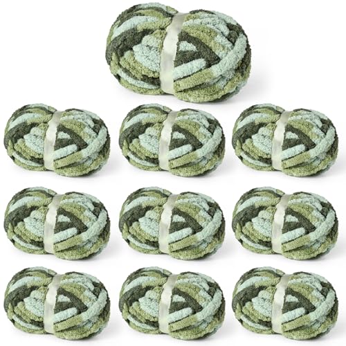 Sekafris 10 Pack Fluffy Chunky Chenille Yarn for Crocheting, Jumbo Chunky Blanket Yarn for Hand Knitting, 240yds/70.5oz Super Bulky Variegated Baby Blanket Yarn (Forest Green) - Image 1