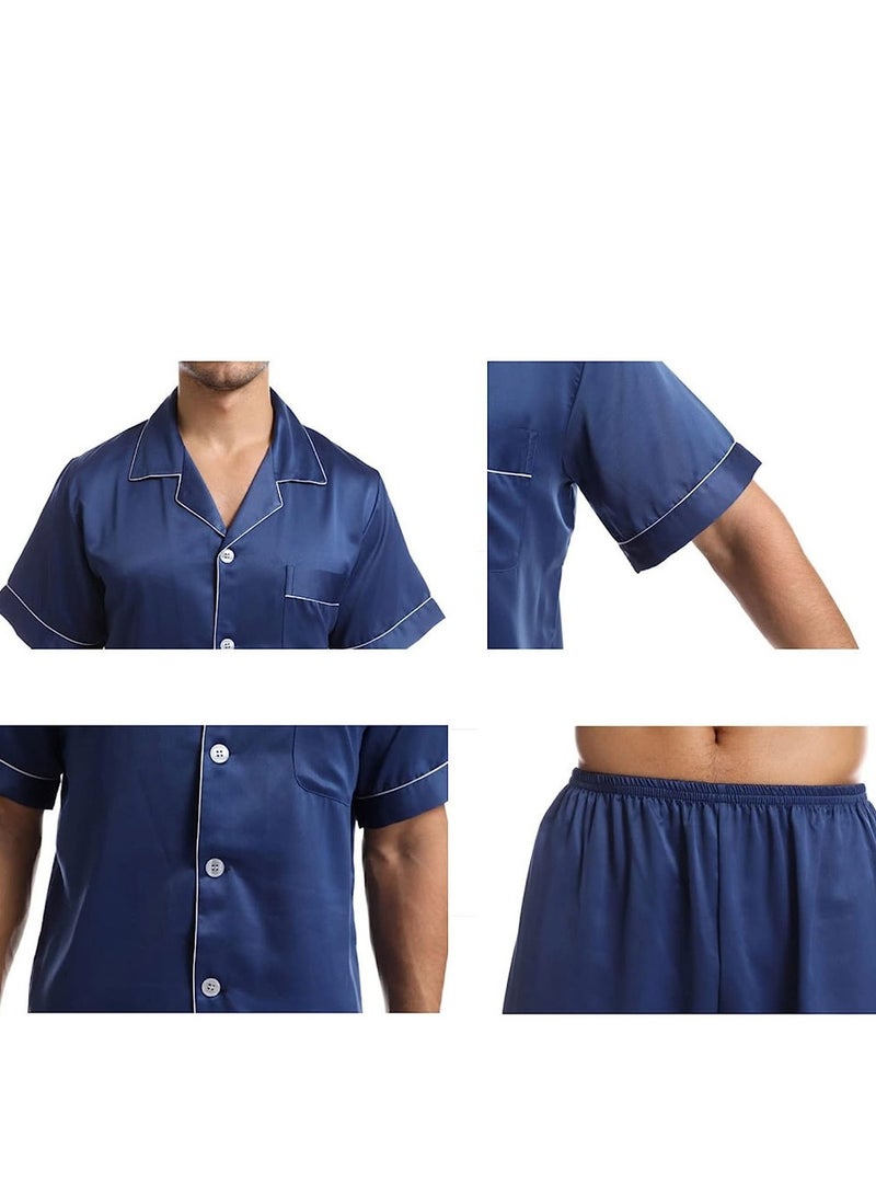 MARGOUN Mens 2pcs Summer Soft Pyjamas Set Short Sleeve Button Down Shirt With Boxer Shorts Blue XL (Shirt Length 28''/Shirt Chest 24''/Pajama Length 21''/Pajama Waist 30'') - Image 5