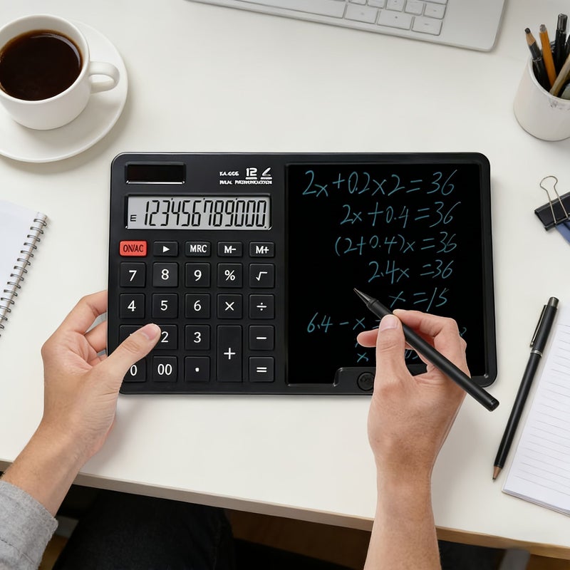 White 12 Digit Solar Calculator with Writing Pad and Silent Buttons Office School Home Business Essential - Image 1