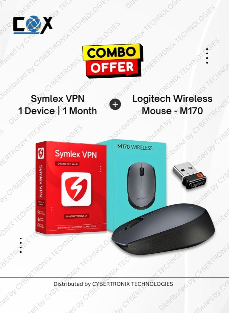 Symlex VPN | 1 جهاز 1 شهر | ترخيص رقمي | توصيل في نفس اليوم | حزمة كومبو | فأرة USB لاسلكية Logitech M170، تقنية لاسلكية 2.4GHz، تتبع بصري، مدى لاسلكي يصل إلى 10m، أسود - Image 1