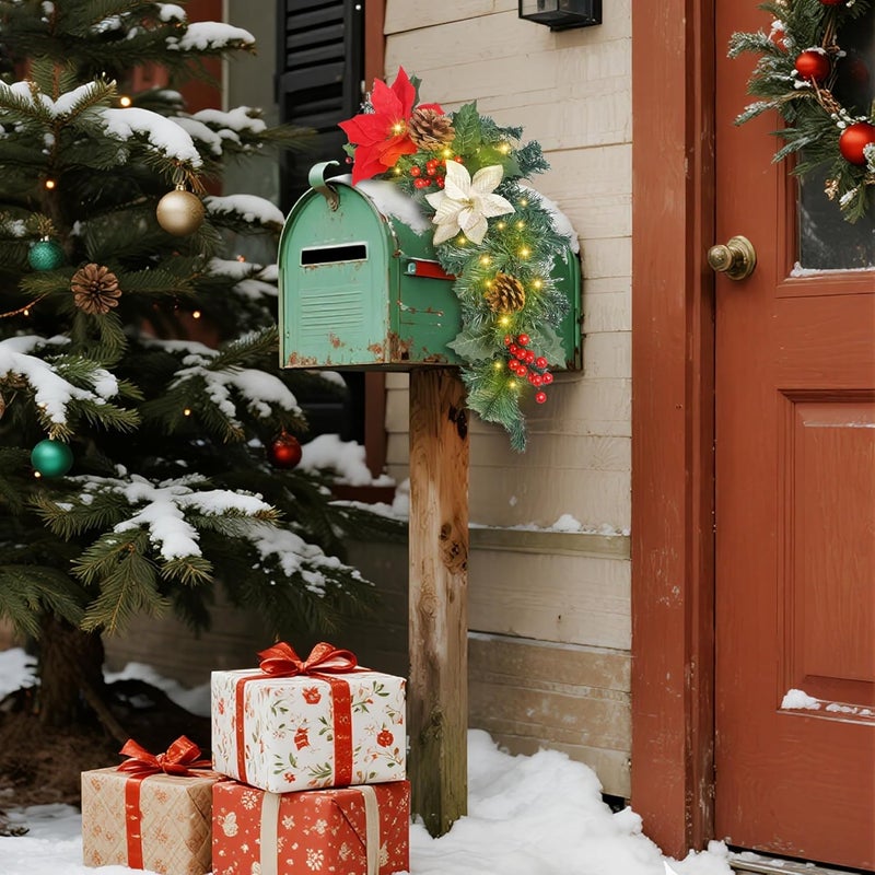 Dr.DuDu Pre-lit Christmas Mailbox Swag Garland with Poinsettias Flowers, Battery Powered Lighted Christmas Artificial Garland with Pine Cone & Red Berries Holiday Decorations Indoor Outdoor - Image 2