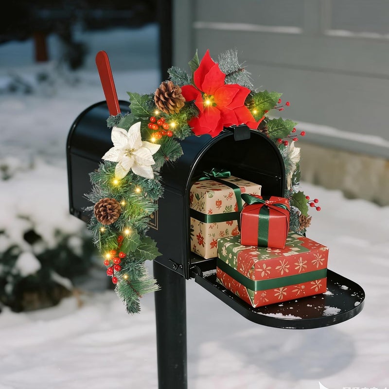 Dr.DuDu Pre-lit Christmas Mailbox Swag Garland with Poinsettias Flowers, Battery Powered Lighted Christmas Artificial Garland with Pine Cone & Red Berries Holiday Decorations Indoor Outdoor - Image 4