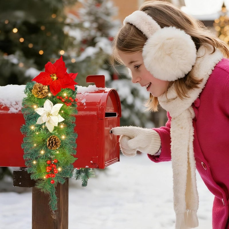 Dr.DuDu Pre-lit Christmas Mailbox Swag Garland with Poinsettias Flowers, Battery Powered Lighted Christmas Artificial Garland with Pine Cone & Red Berries Holiday Decorations Indoor Outdoor - Image 5