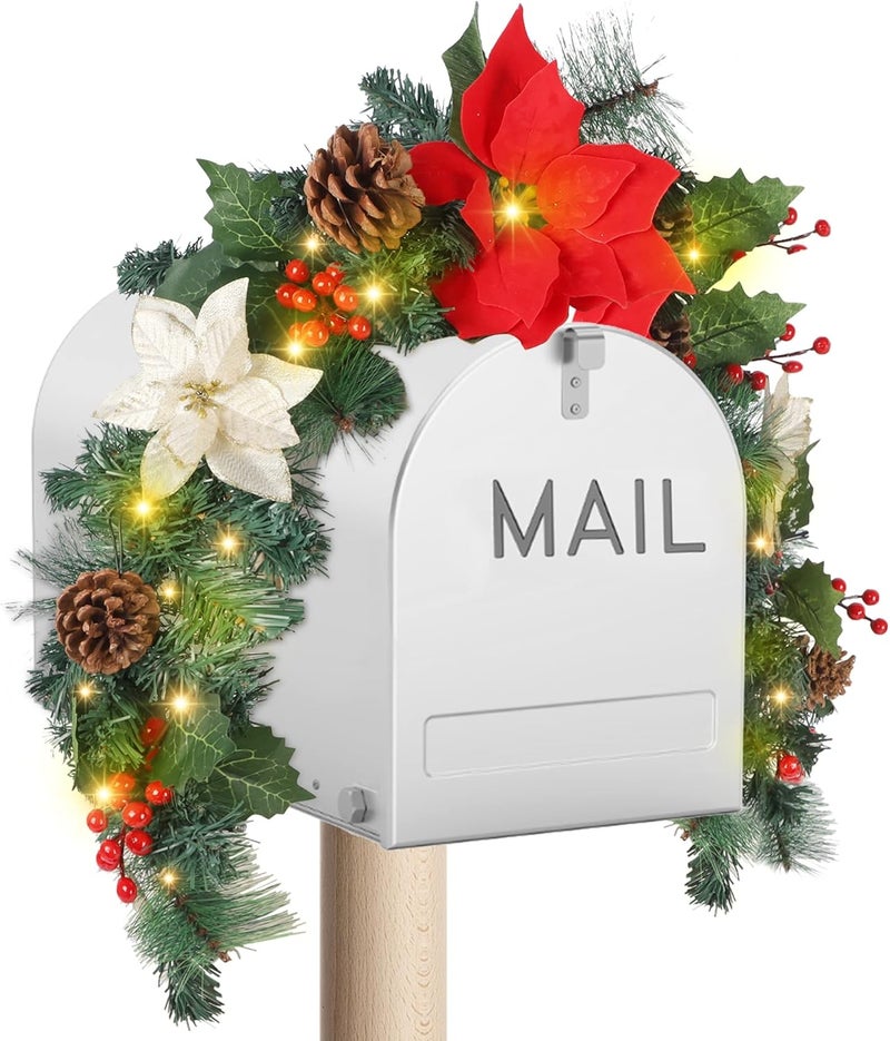 Dr.DuDu Pre-lit Christmas Mailbox Swag Garland with Poinsettias Flowers, Battery Powered Lighted Christmas Artificial Garland with Pine Cone & Red Berries Holiday Decorations Indoor Outdoor - Image 1