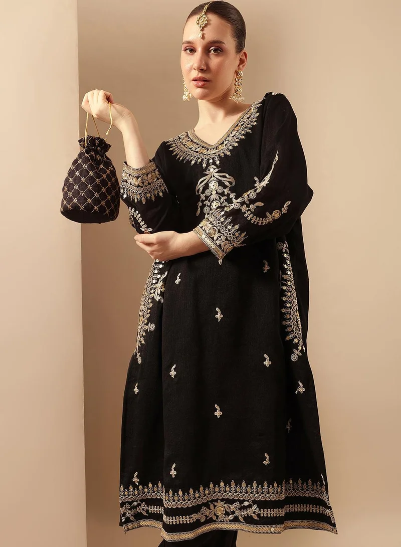 ISHIN Rich Black A Line Kurta Sets