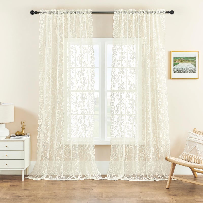 FOLKSIDE Ivory Lace Curtains 2 Panels 52W x 96L Rod Pocket Sheer Victorian French Floral Paisley Damask Sun Protection Indoor Bedroom Living Room Dining Room Office Kitchen