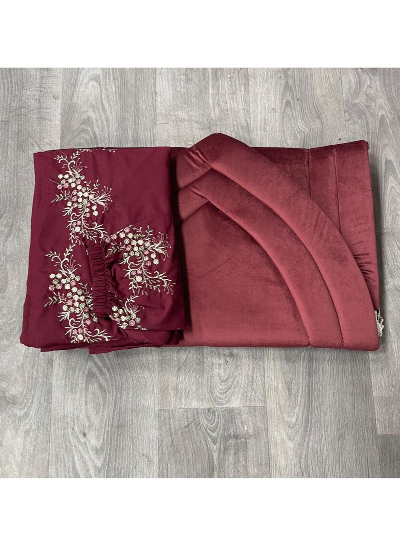 A set of prayer rug in the shape of a mihrab With a prayer dress with a side tie red 