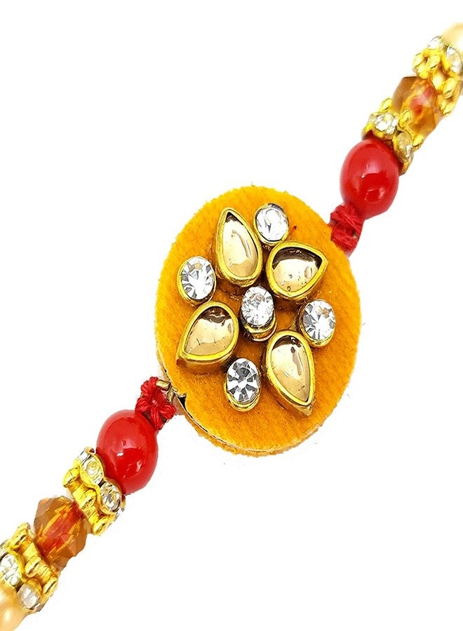 ascension ® Kundan Meena Flower Rakhi Raksha Bandhan Gift Band Moli Bracelet Wristbands Stone Pearl Designer Rakhi, Card with Best Brother Cup & Roli Tilak Pack - Image 4