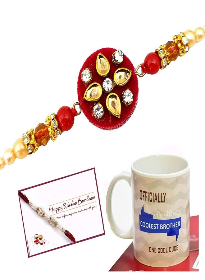 ascension ® Kundan Meena Flower Rakhi Raksha Bandhan Gift Band Moli Bracelet Wristbands Stone Pearl Designer Rakhi, Card with Best Brother Cup & Roli Tilak Pack - Image 1
