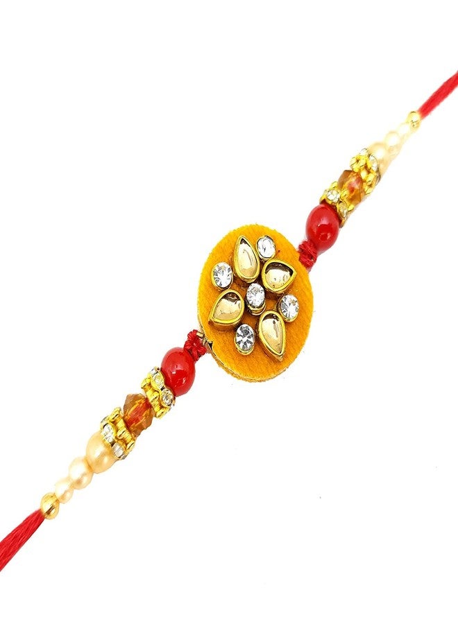 ascension ® Kundan Meena Flower Rakhi Raksha Bandhan Gift Band Moli Bracelet Wristbands Stone Pearl Designer Rakhi, Card with Best Brother Cup & Roli Tilak Pack - Image 3