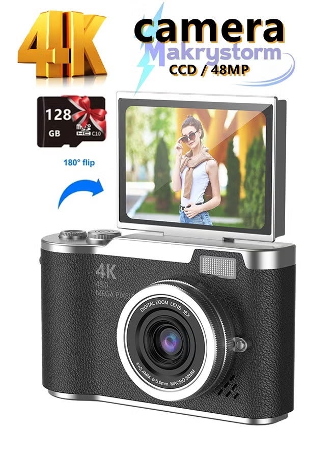 ZONBON 4k CCD Digital Zoom Student Digital Camera 48MP Portable Digital Photography Camera 180° Flip Screen Selfie Camera，with 128GB SD card - Image 1