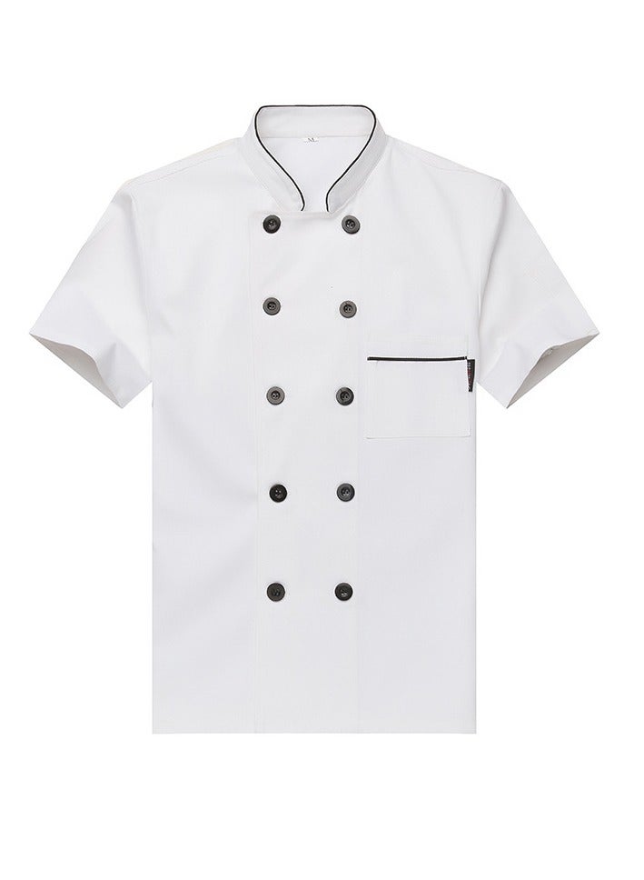 Loquat Summer Short Sleeve Chef Uniform Double-Breasted Stand Collar Waiter T-shirt White - Image 1