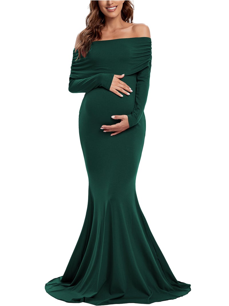 Glampunch Off Shoulders Maternity Dress Long Sleeve Ruched Maternity Gown Baby Shower Photography Pregnant Dress - Image 1