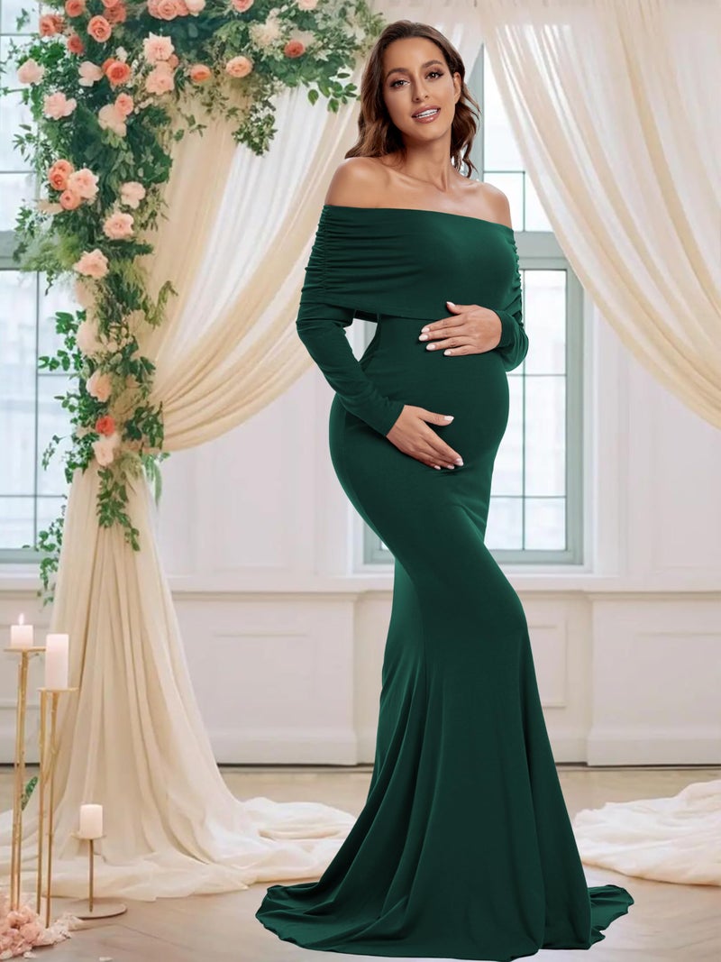 Glampunch Off Shoulders Maternity Dress Long Sleeve Ruched Maternity Gown Baby Shower Photography Pregnant Dress - Image 2