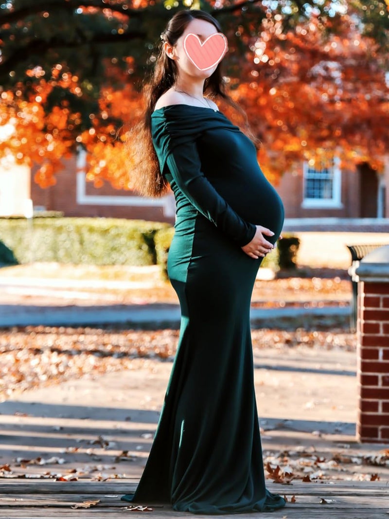 Glampunch Off Shoulders Maternity Dress Long Sleeve Ruched Maternity Gown Baby Shower Photography Pregnant Dress - Image 3