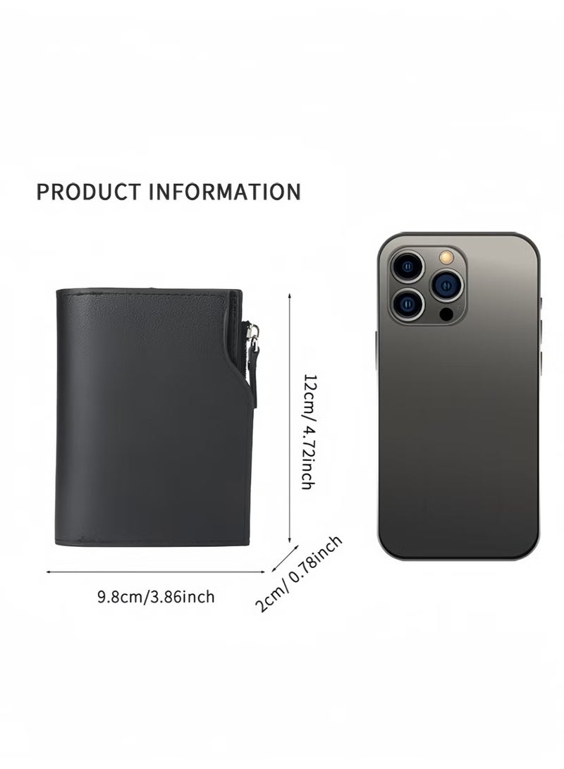 Men's Soft PU Leather Tri-Fold Wallet with Zipper - Multi-Card Holder with Driver's License Window Wallet for Men (Black) - Image 4