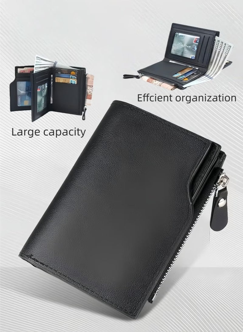 Men's Soft PU Leather Tri-Fold Wallet with Zipper - Multi-Card Holder with Driver's License Window Wallet for Men (Black) - Image 1