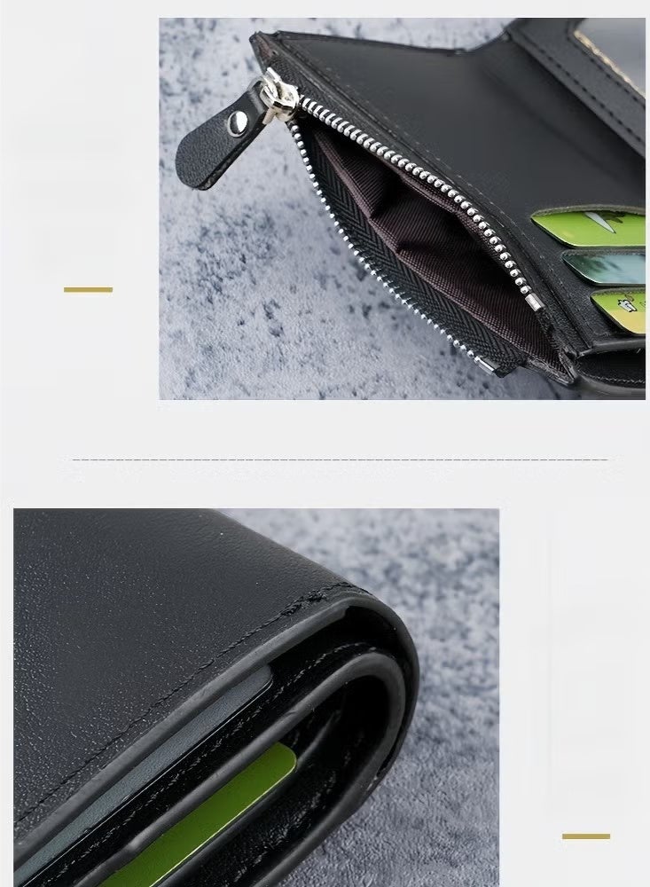 Men's Soft PU Leather Tri-Fold Wallet with Zipper - Multi-Card Holder with Driver's License Window Wallet for Men (Black) - Image 5