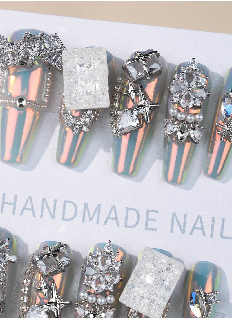 SC Nails Luxury 3D Rhinestone Chrome Press-On Nails – Iridescent Finish with Gemstone and Metal Accents  - Image 4