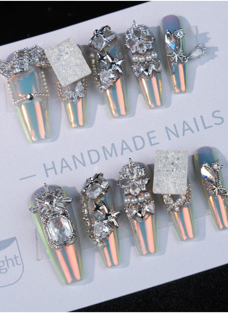 SC Nails Luxury 3D Rhinestone Chrome Press-On Nails – Iridescent Finish with Gemstone and Metal Accents  - Image 1