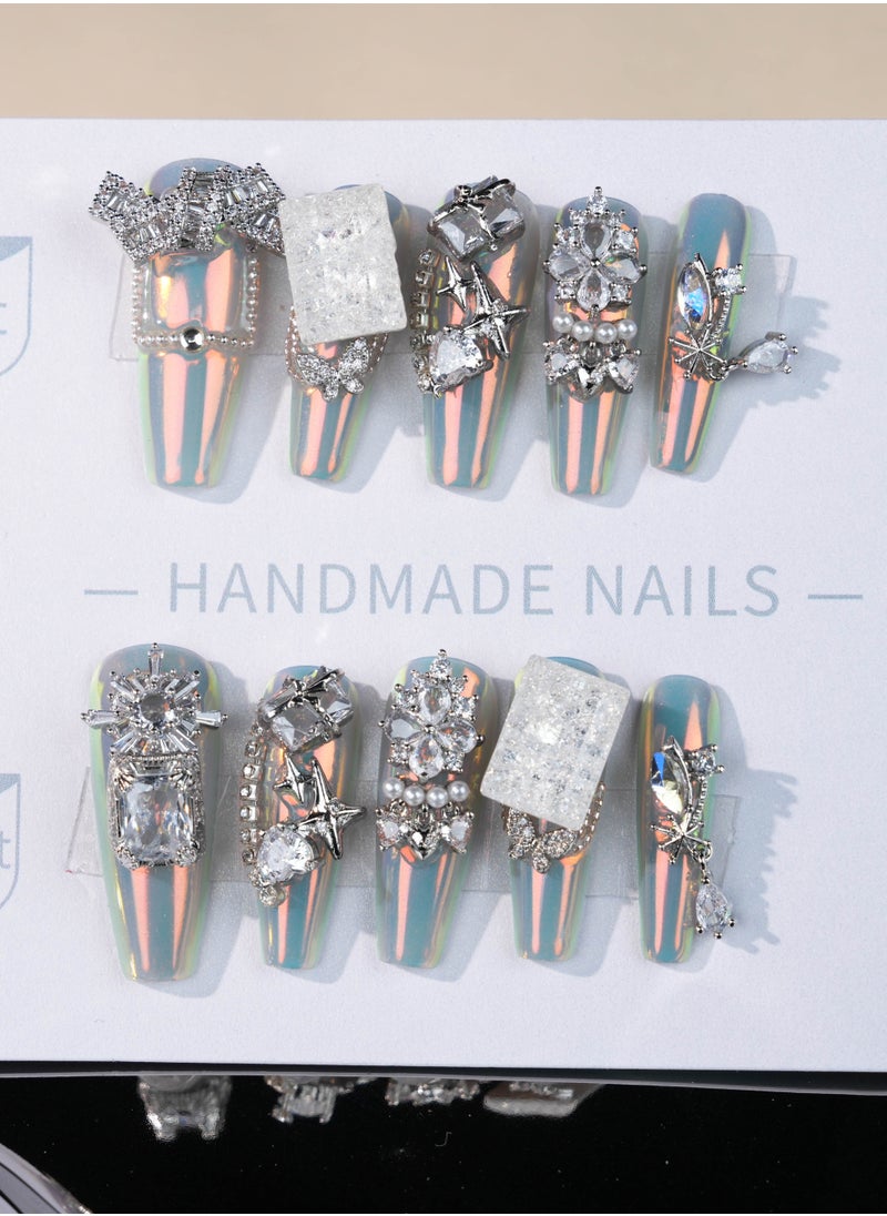 SC Nails Luxury 3D Rhinestone Chrome Press-On Nails – Iridescent Finish with Gemstone and Metal Accents  - Image 2