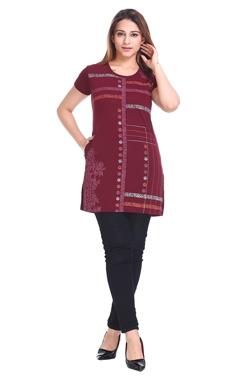 Plush Women's Cotton Printed Long Regular Fit Round Neck Top/T-Shirt/Tshirts (Wine, XX-Large) - Image 4