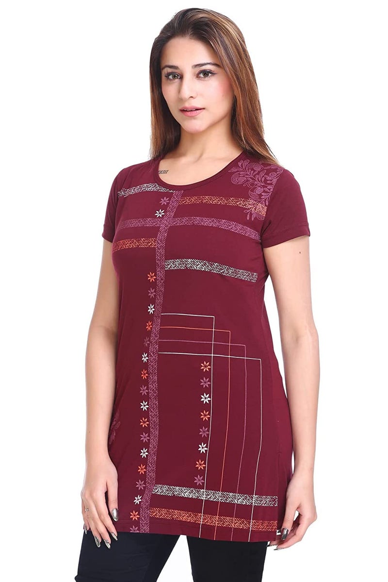 Plush Women's Cotton Printed Long Regular Fit Round Neck Top/T-Shirt/Tshirts (Wine, XX-Large) - Image 5