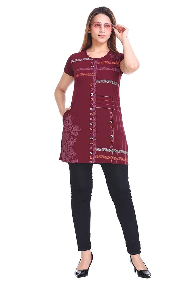 Plush Women's Cotton Printed Long Regular Fit Round Neck Top/T-Shirt/Tshirts (Wine, XX-Large) - Image 1
