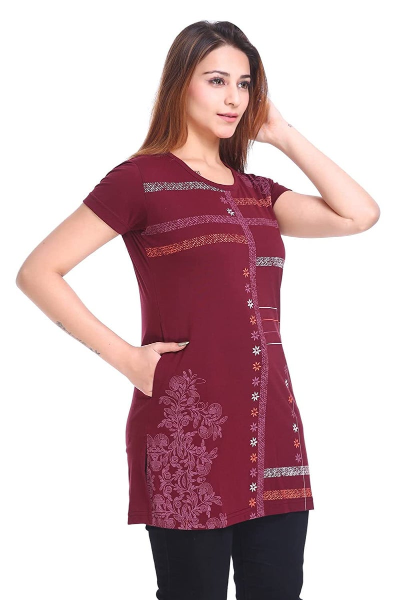 Plush Women's Cotton Printed Long Regular Fit Round Neck Top/T-Shirt/Tshirts (Wine, XX-Large) - Image 3
