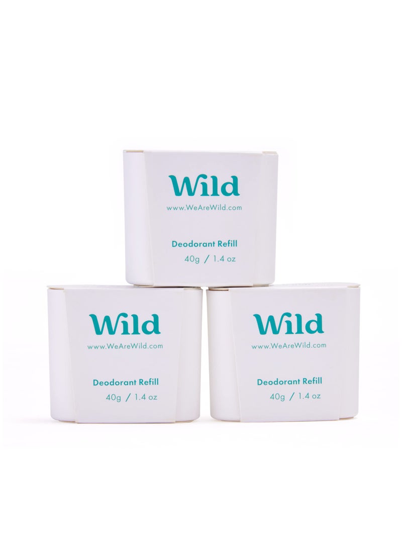 WILD Wild - Refillable Deodorant - Fresh Cotton & Sea Salt Refill Trio Pack - Vegan - Aluminum Free - Long Lasting Protection - 3 Pack of 1.41oz Refills 