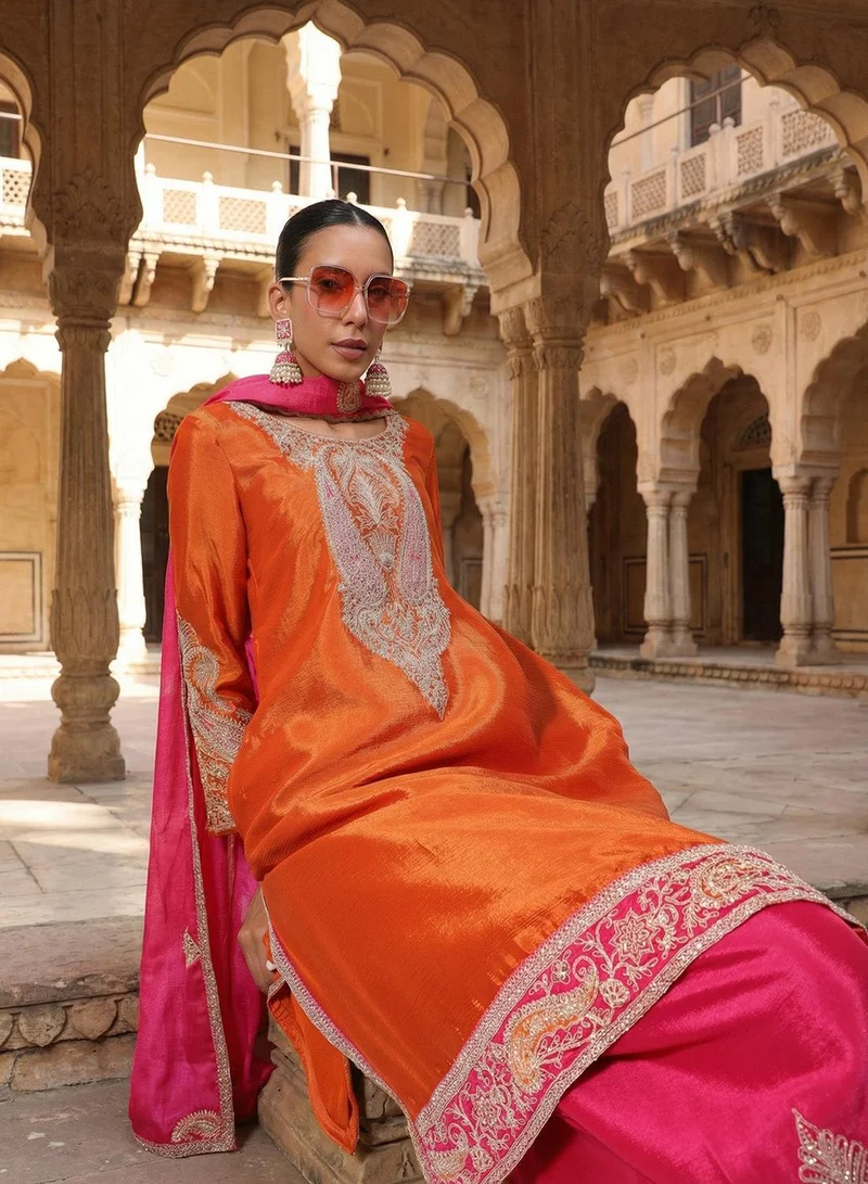 آي شين Orange Poly Embroidered Straight Fit A-Line Tunic & Full Length Palazzo Kurta Set For Women