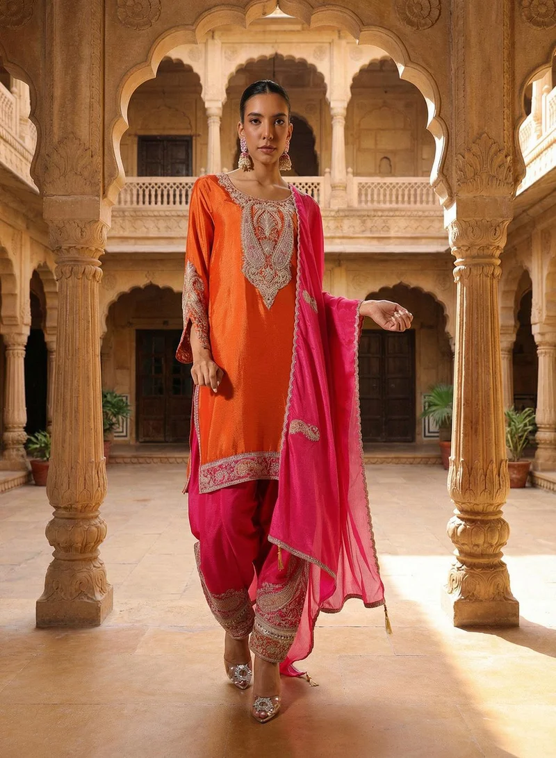 آي شين Orange Poly Embroidered Straight Fit A-Line Tunic & Full Length Palazzo Kurta Set For Women
