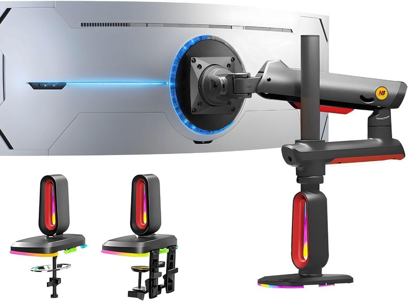 NB ERGONOMIC NB Extra Height Gaming Monitor Arm for 32 to 60 Inches Screen, Load up to 20 kg, VESA 75/100, RGB-Light, Heavy Duty, Multi Angle Adjustable, Premium Aluminum, Long Arm Extension Red - Image 1