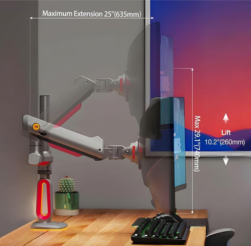 NB ERGONOMIC NB Extra Height Gaming Monitor Arm for 32 to 60 Inches Screen, Load up to 20 kg, VESA 75/100, RGB-Light, Heavy Duty, Multi Angle Adjustable, Premium Aluminum, Long Arm Extension Red - Image 2