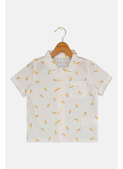 Toddlers Boy Spread Collar Short Sleeve Allover Print Shirt, White