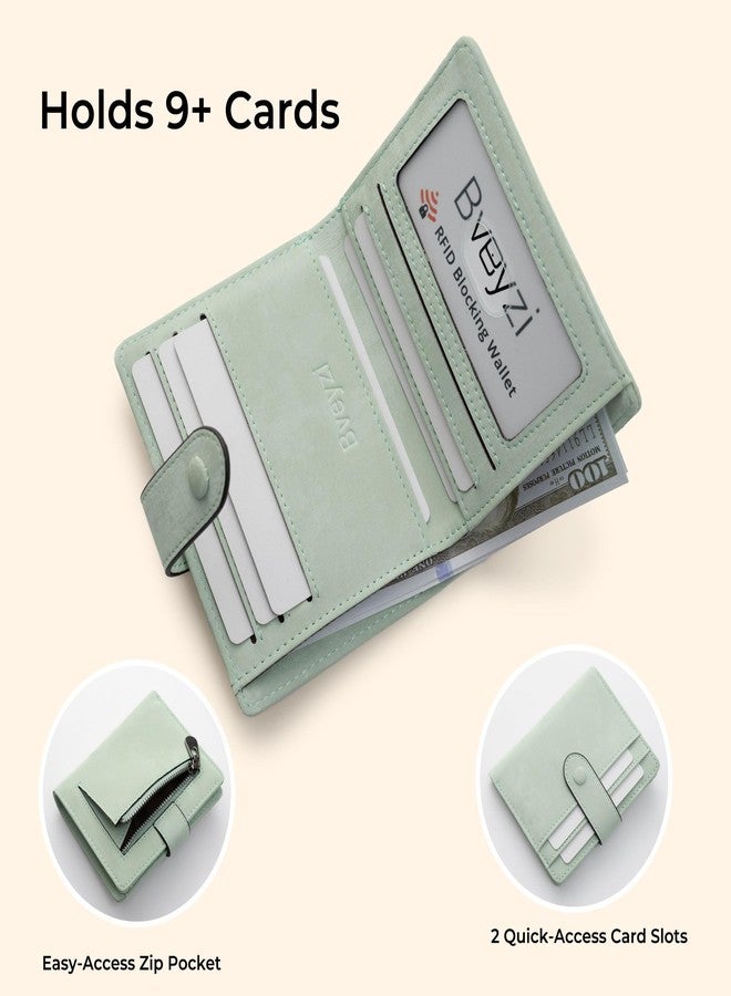 Bveyzi Slim Credit Card Holder Wallet for Women, RFID Blocking Lightweight Bifold with Zipper Pocket(Sage Green) - Image 2