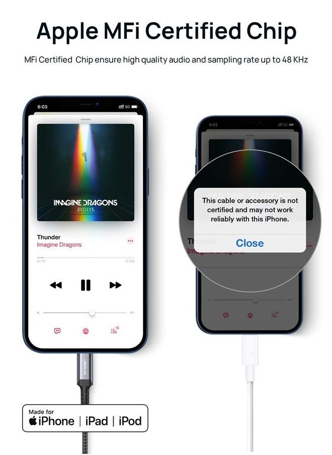 JSAUX Lightning to 3.5mm Audio Cord 6FT, [Apple Mfi Certified] Aux Cable Compatible with iPhone 14/14 Pro/13/13 Pro Max/12/12 Mini/12 Pro/12 Pro Max/11 Pro/11 Pro Max/X/XR/XS Max/Car Stereo-Grey  - Image 2