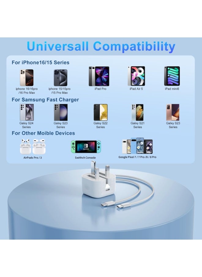 RUKYU - iPhone 15 16 Charger Cable and Plug 1M,20W USB C Fast Charging Power Adapter with Type C Lead 2 Metre for Apple iPhone 16/15 Plus/16 Pro/15 Pro/Max,iPad Pro 13/12.9/11/10 inch,iPad Air/Mini,MacBook,Samsung Galaxy S2 - Image 1