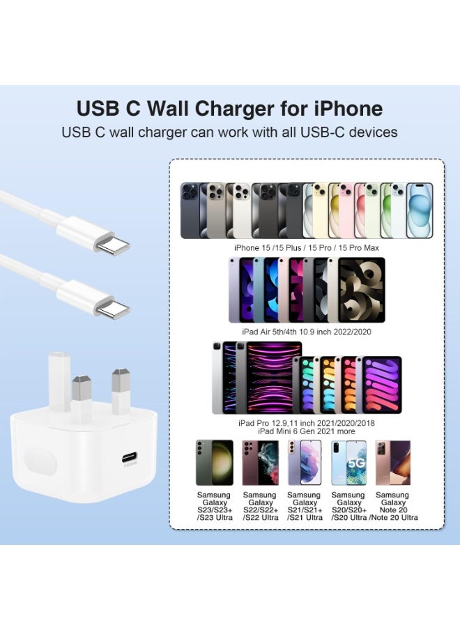 RUKYU - iPhone 15 16 Charger Cable and Plug 1M,20W USB C Fast Charging Power Adapter with Type C Lead 2 Metre for Apple iPhone 16/15 Plus/16 Pro/15 Pro/Max,iPad Pro 13/12.9/11/10 inch,iPad Air/Mini,MacBook,Samsung Galaxy S2 - Image 1