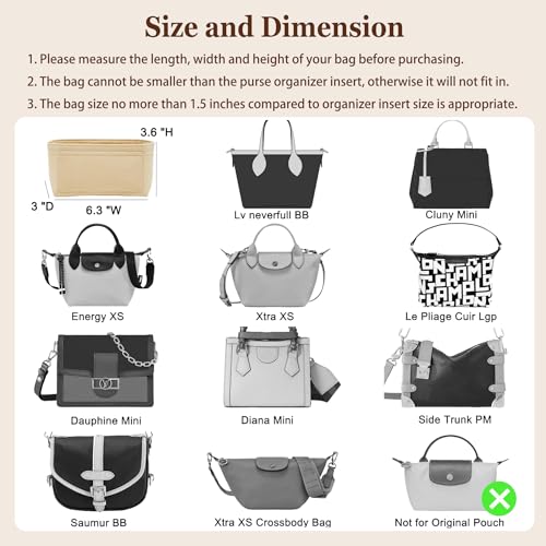 Doxo Purse Organizer Insert for Longchamp Mini/XS Handbags and Lv Neverfull BB (XS/BB,Beige) - Image 3