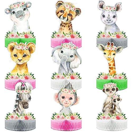Buerhanerry 9Pcs Jungle Animals Honeycomb Centerpieces, Safari Baby Shower Table Decorations for Girls Kids, Safari Jungle Themed Birthday Party Suppiles, Wild One Birthday Party Decorations - Image 1