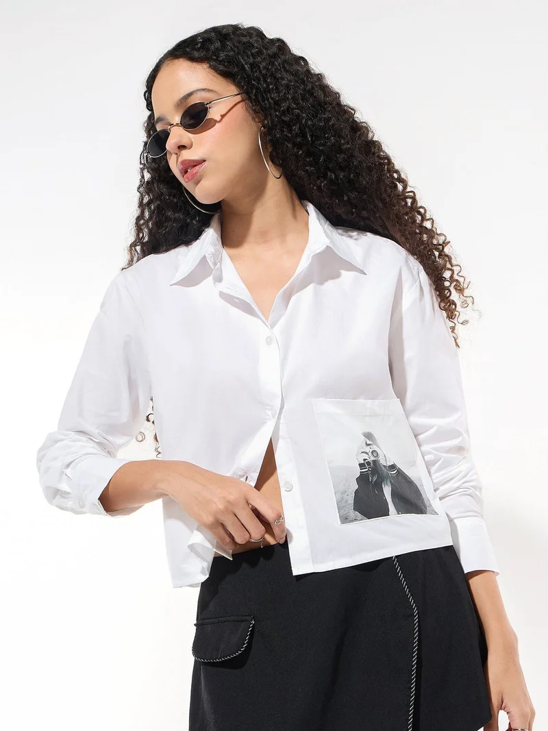 Outzidr  White Cropped Printed Shirt for Women | Best Price UAE