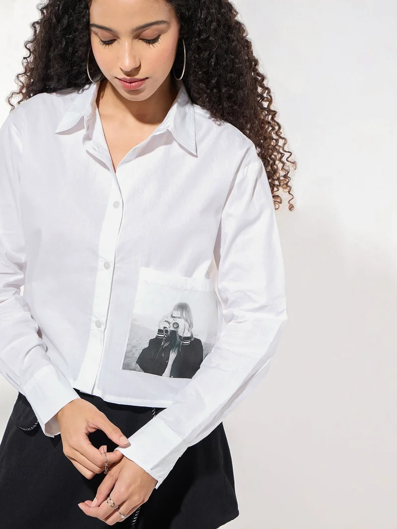Outzidr  White Cropped Printed Shirt for Women | Best Price UAE