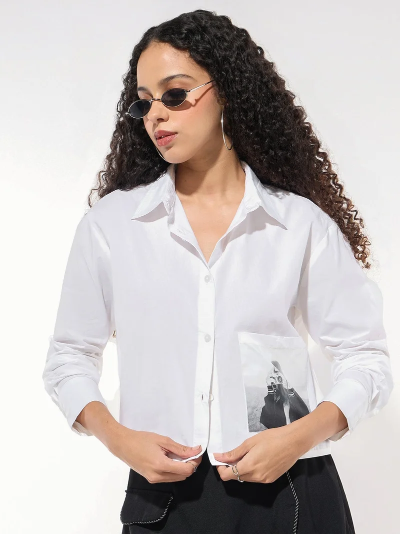 Outzidr  White Cropped Printed Shirt for Women | Best Price UAE