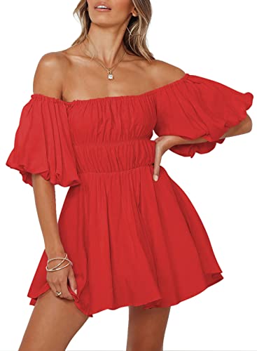 Dokotoo Women's Square Neck Off Shoulder Spring Dresses Lantern Sleeve Ruffle A-Line Red Dress Elastic Waist Flowy Swing Beach Dress Large - Image 1